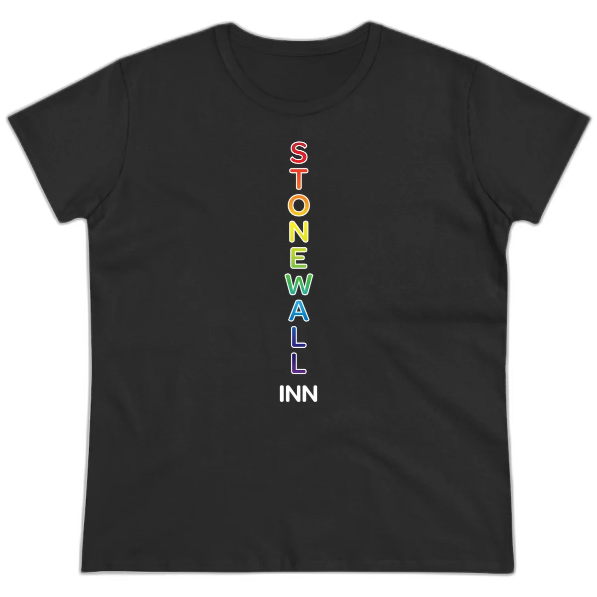 Stonewall Inn pride design with vertical rainbow letters spelling out the iconic venue name in red, orange, yellow, green, teal, blue, and purple. in Black