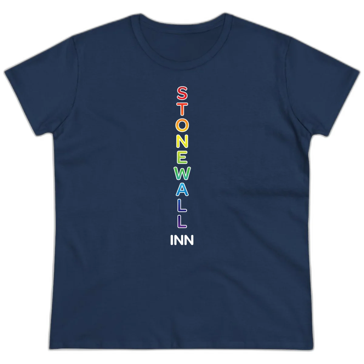 Stonewall Inn pride design with vertical rainbow letters spelling out the iconic venue name in red, orange, yellow, green, teal, blue, and purple. in Navy