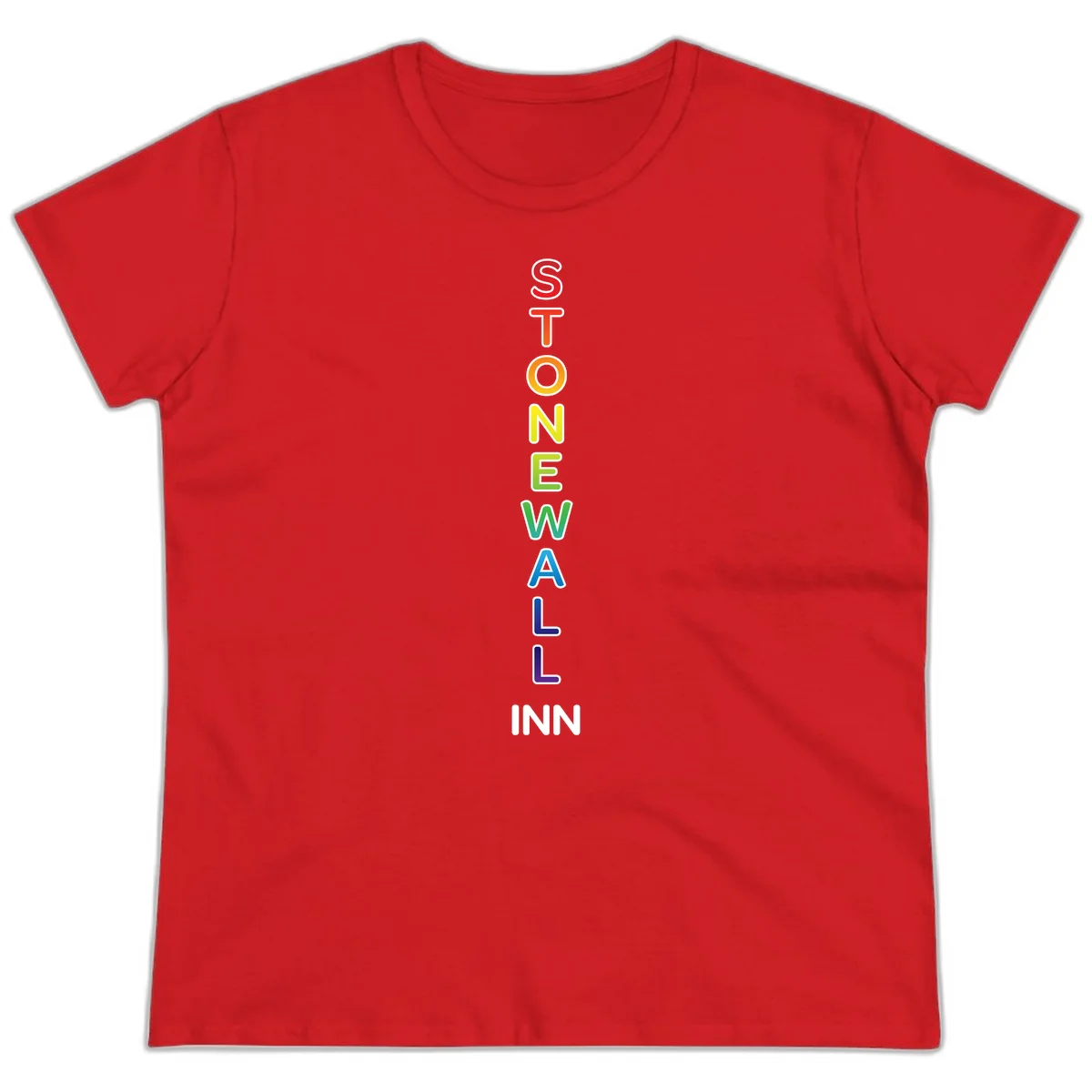 Stonewall Inn pride design with vertical rainbow letters spelling out the iconic venue name in red, orange, yellow, green, teal, blue, and purple. in Red