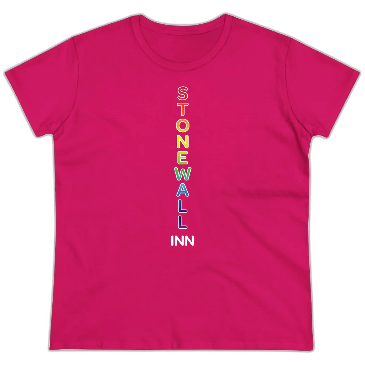 Stonewall Inn pride design with vertical rainbow letters spelling out the iconic venue name in red, orange, yellow, green, teal, blue, and purple. in Heliconia