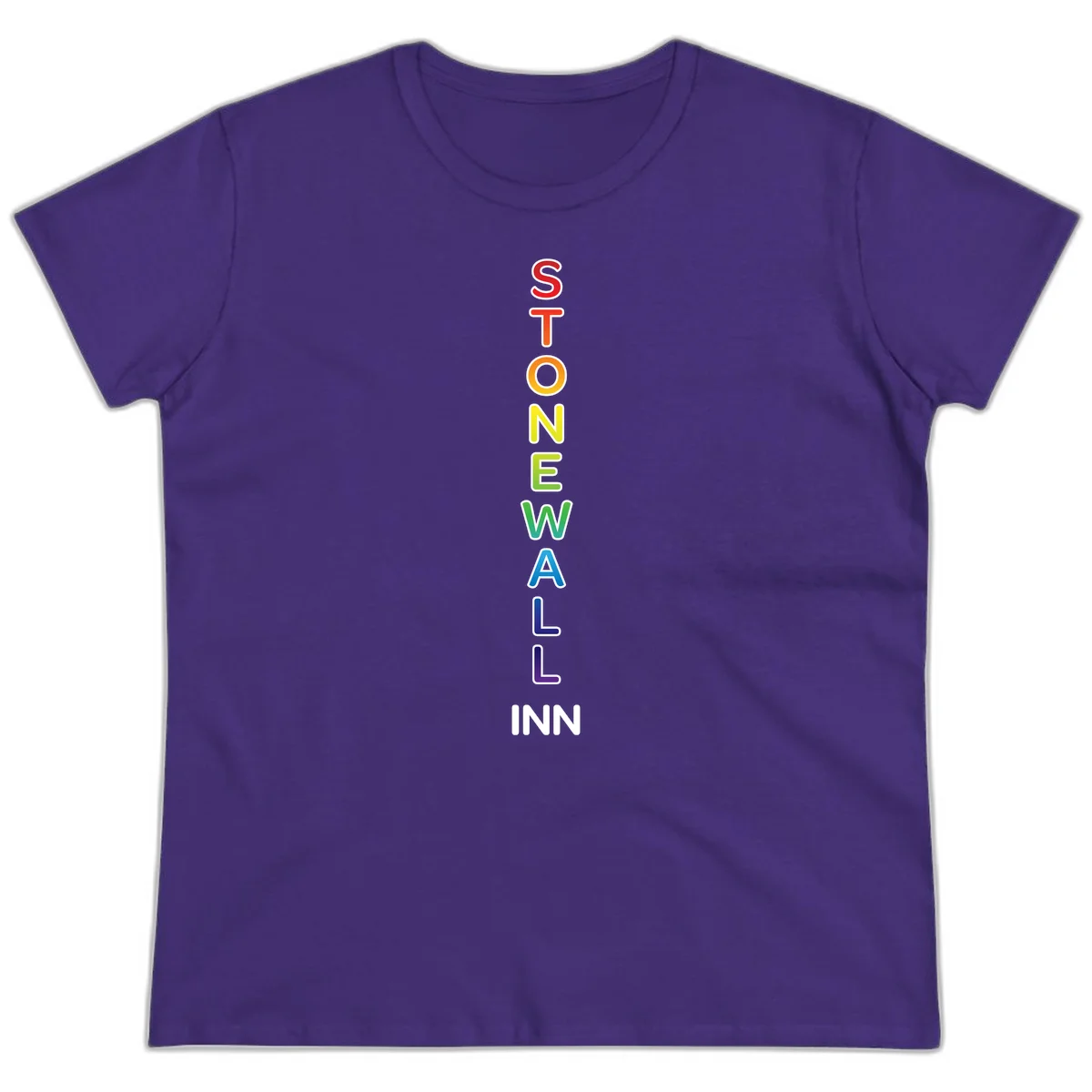 Stonewall Inn pride design with vertical rainbow letters spelling out the iconic venue name in red, orange, yellow, green, teal, blue, and purple. in Purple