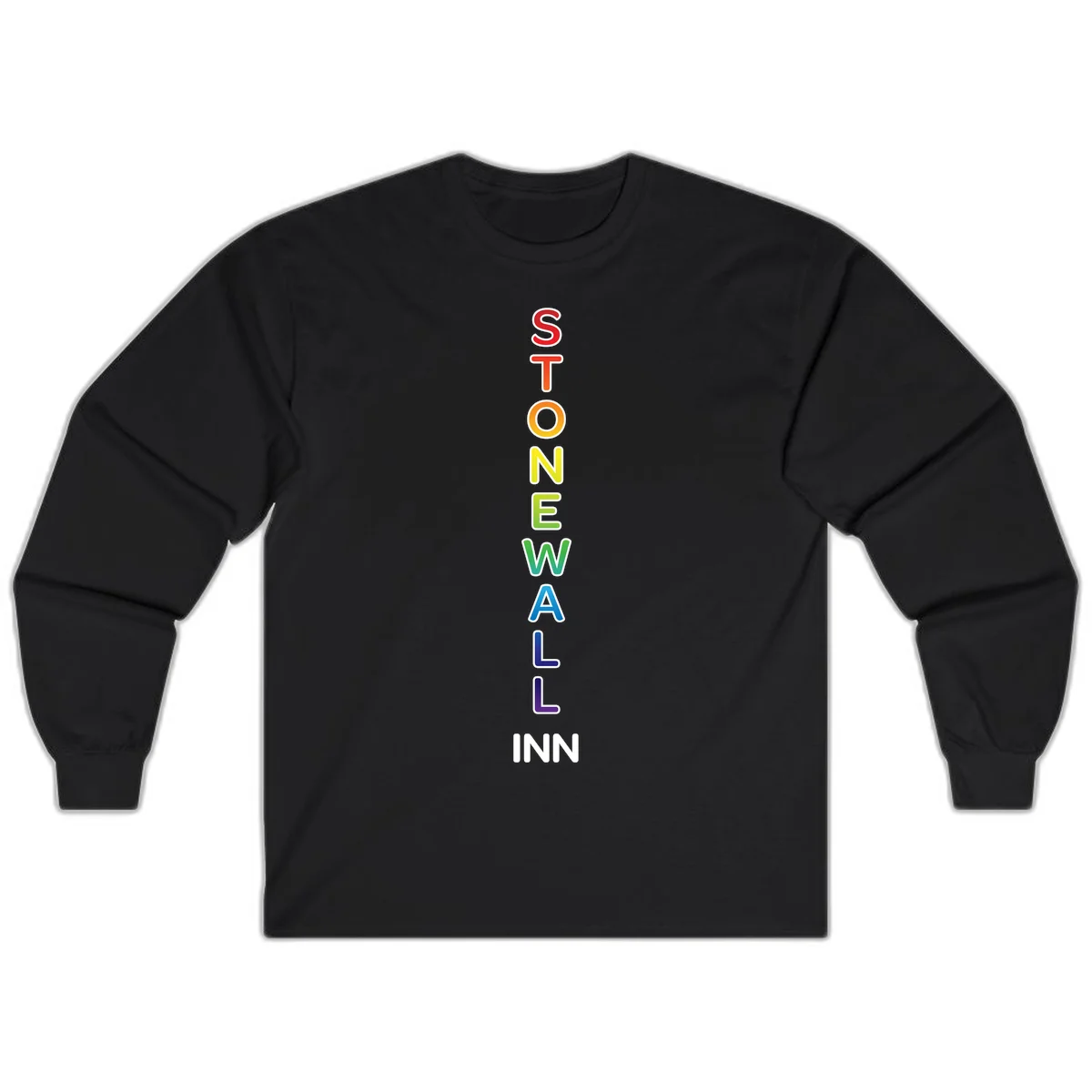 Stonewall Inn pride design with vertical rainbow letters spelling out the iconic venue name in red, orange, yellow, green, teal, blue, and purple. in Black