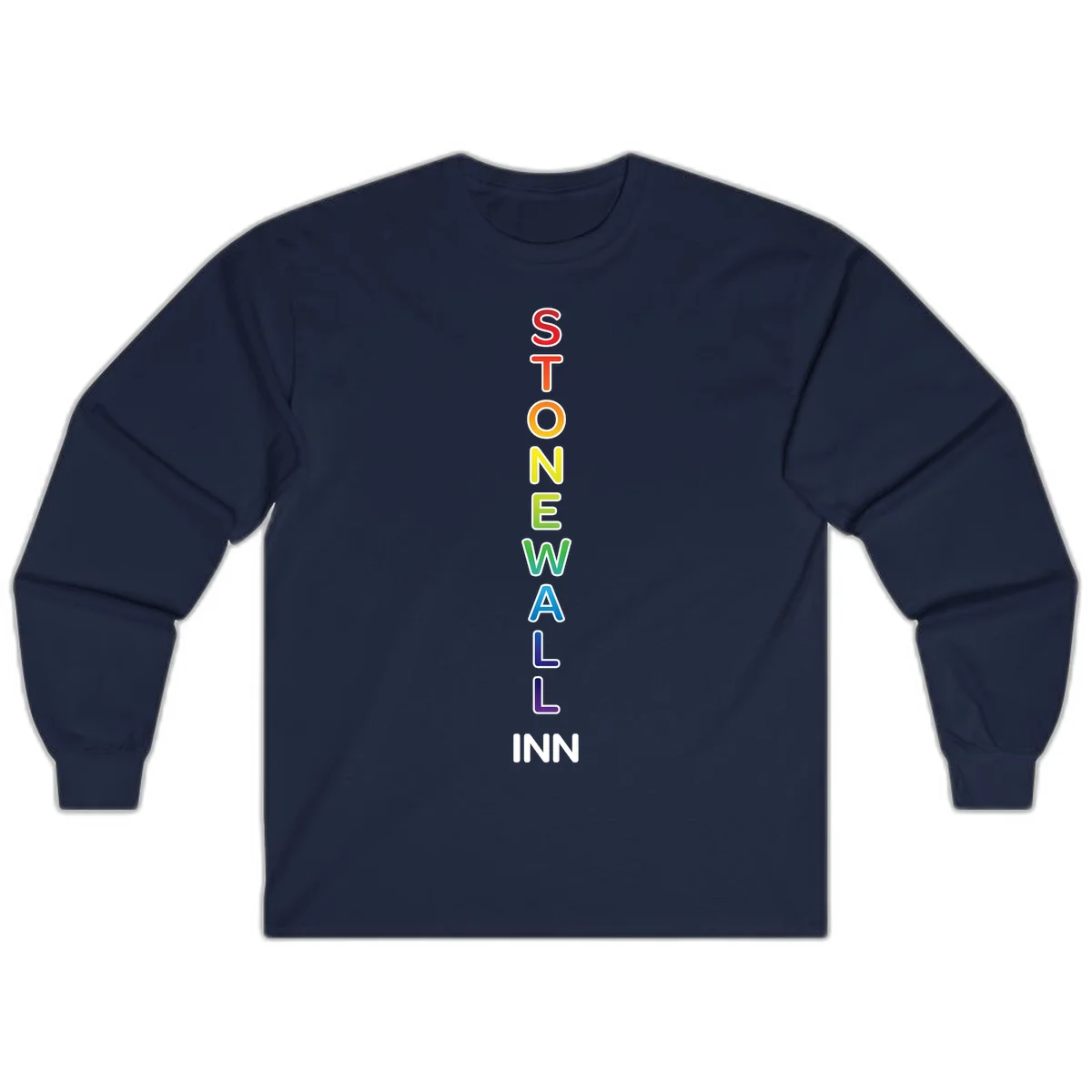 Stonewall Inn pride design with vertical rainbow letters spelling out the iconic venue name in red, orange, yellow, green, teal, blue, and purple. in Navy