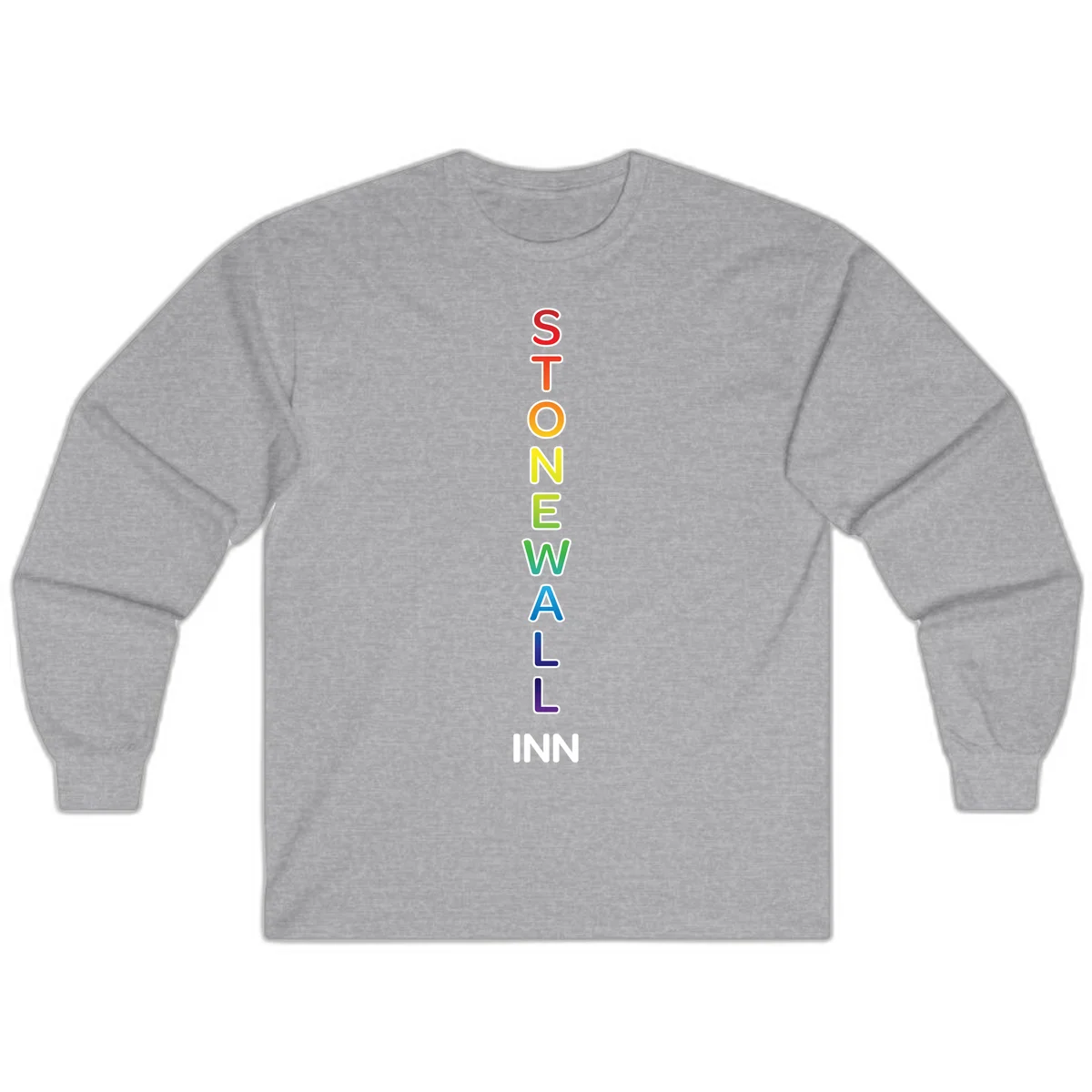 Stonewall Inn pride design with vertical rainbow letters spelling out the iconic venue name in red, orange, yellow, green, teal, blue, and purple. in Sport Grey