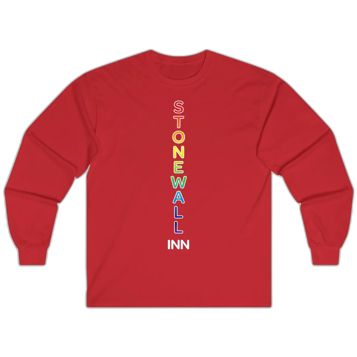 Stonewall Inn pride design with vertical rainbow letters spelling out the iconic venue name in red, orange, yellow, green, teal, blue, and purple. in Red