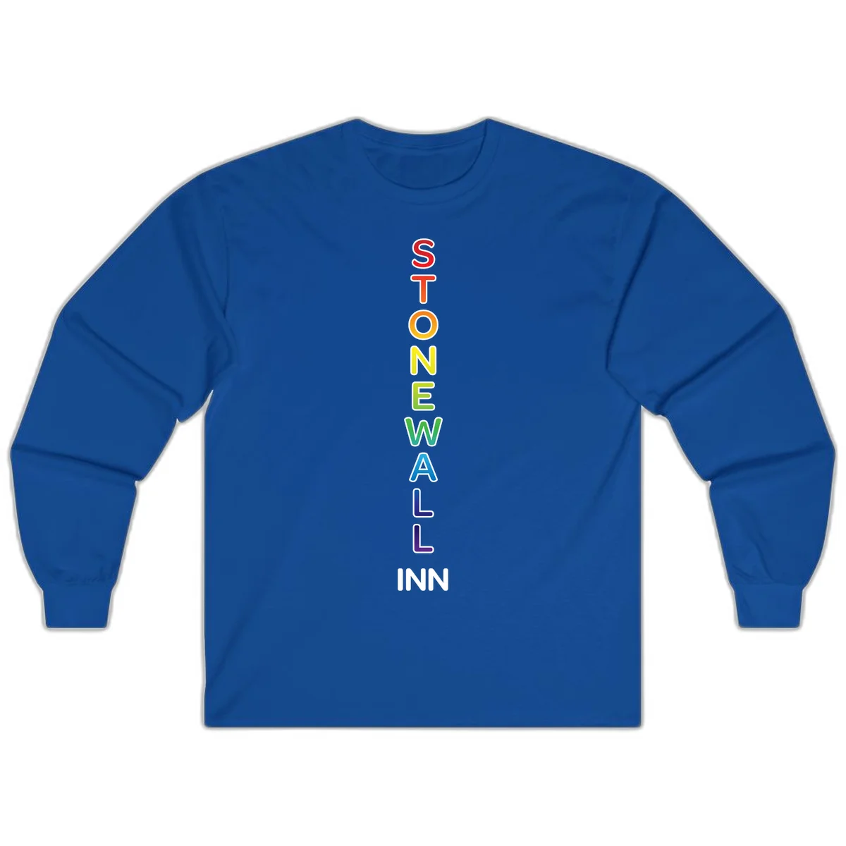 Stonewall Inn pride design with vertical rainbow letters spelling out the iconic venue name in red, orange, yellow, green, teal, blue, and purple. in Royal