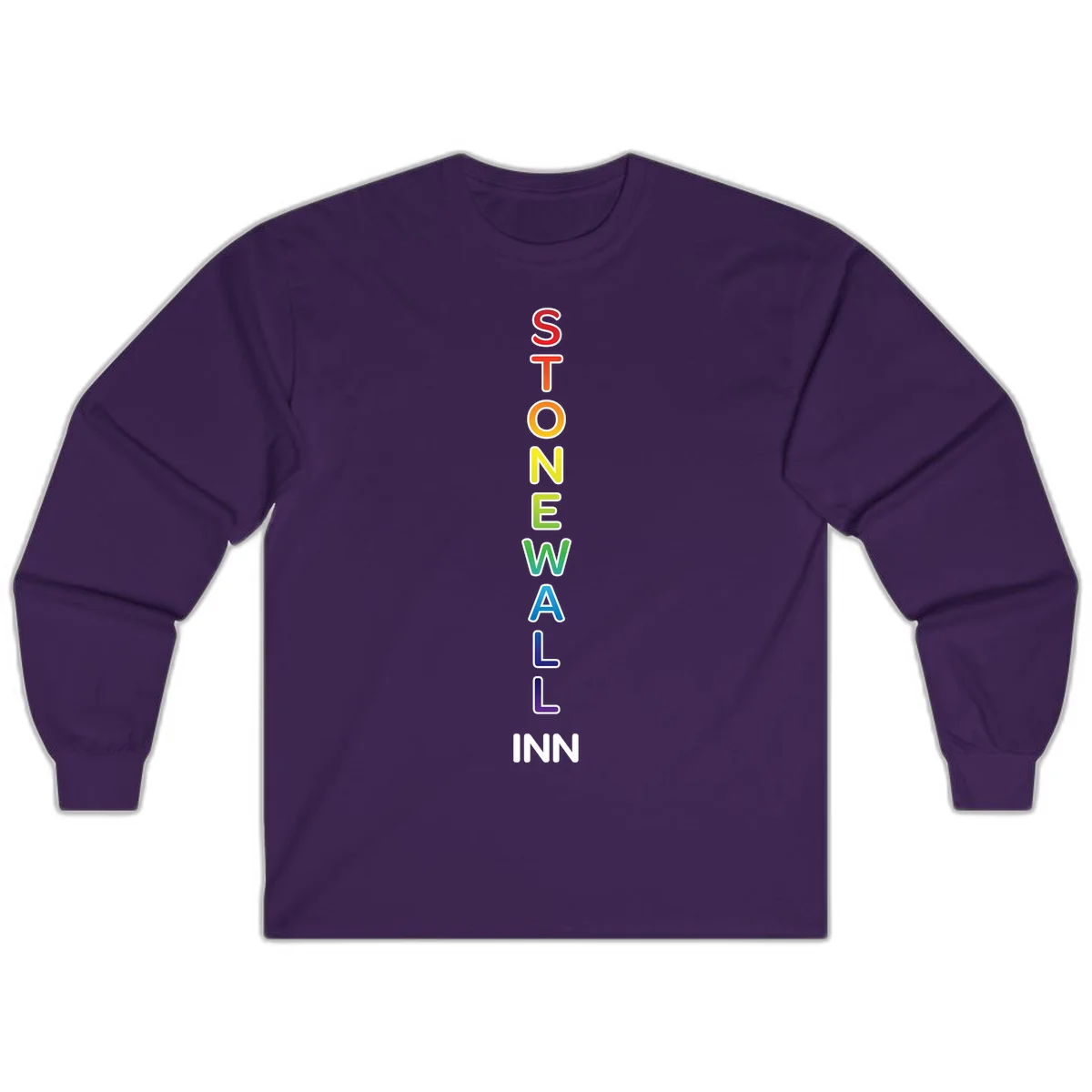 Stonewall Inn pride design with vertical rainbow letters spelling out the iconic venue name in red, orange, yellow, green, teal, blue, and purple. in Purple