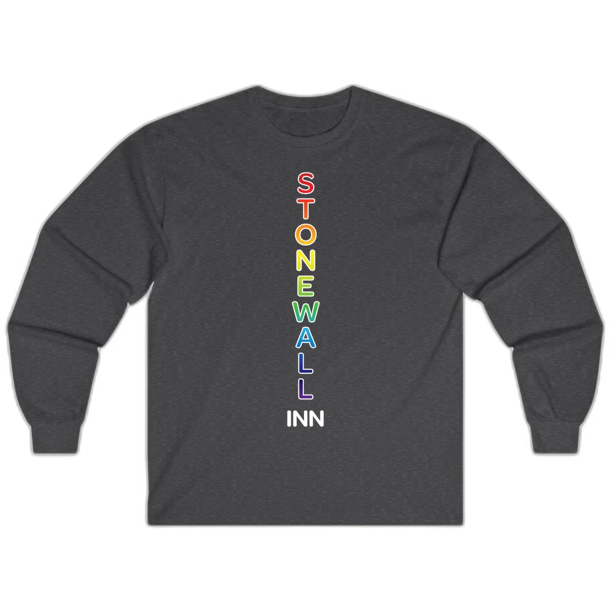 Stonewall Inn pride design with vertical rainbow letters spelling out the iconic venue name in red, orange, yellow, green, teal, blue, and purple. in Dark Heather