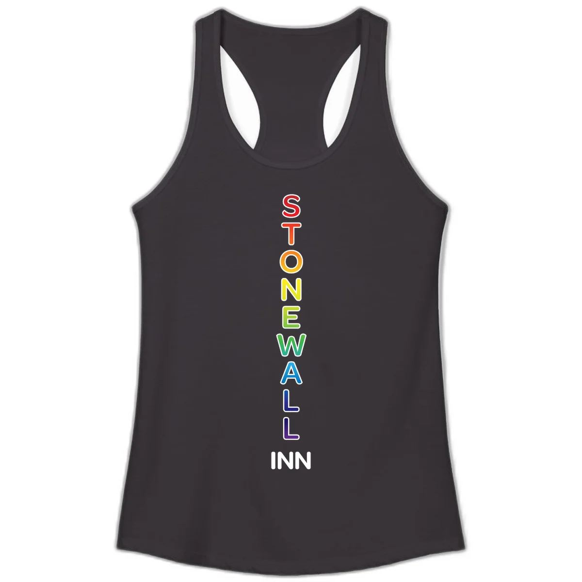 Stonewall Inn pride design with vertical rainbow letters spelling out the iconic venue name in red, orange, yellow, green, teal, blue, and purple. in Black