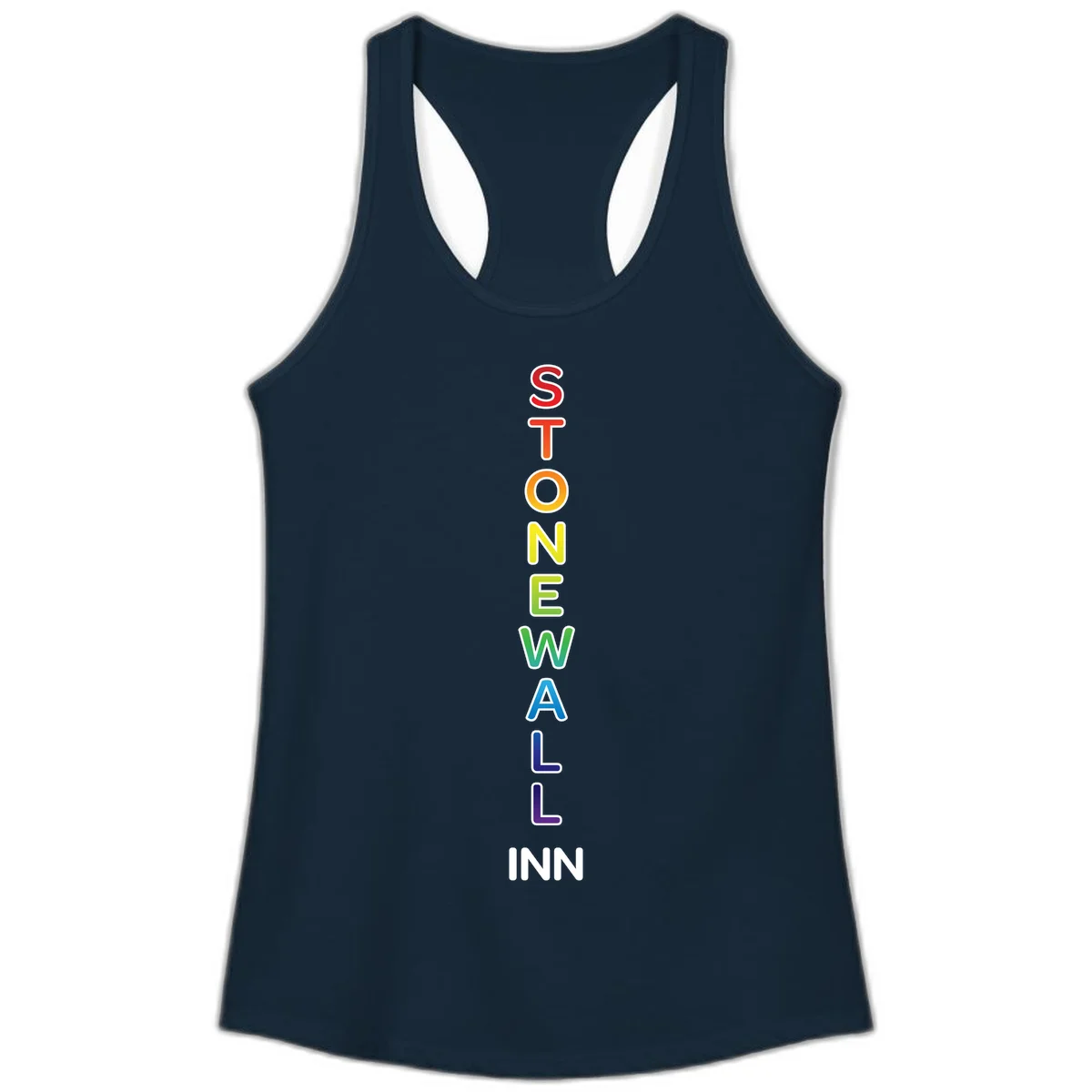 Stonewall Inn pride design with vertical rainbow letters spelling out the iconic venue name in red, orange, yellow, green, teal, blue, and purple. in Solid Midnight Navy