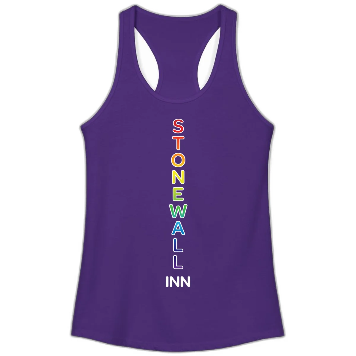 Stonewall Inn pride design with vertical rainbow letters spelling out the iconic venue name in red, orange, yellow, green, teal, blue, and purple. in Solid Purple Rush