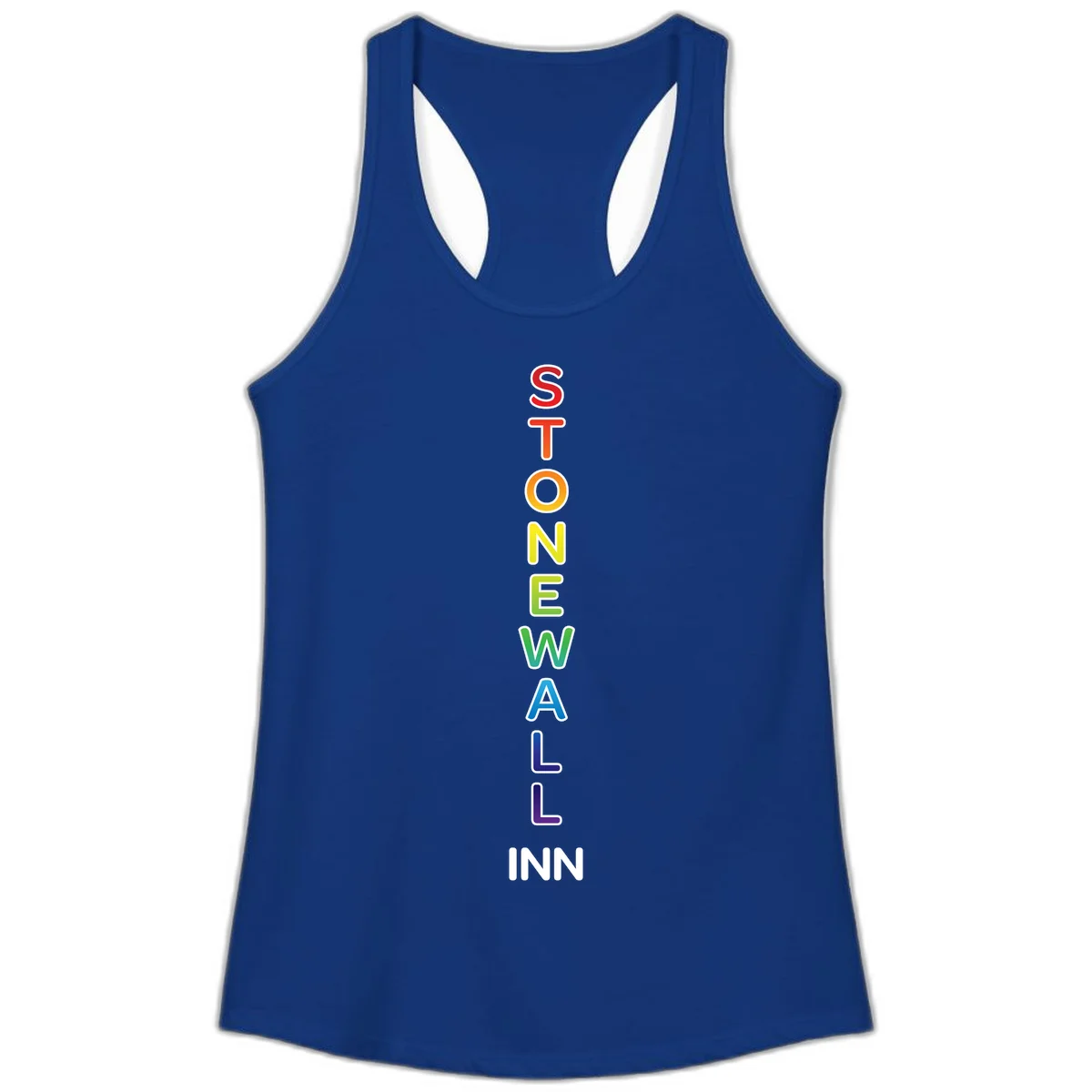 Stonewall Inn pride design with vertical rainbow letters spelling out the iconic venue name in red, orange, yellow, green, teal, blue, and purple. in Solid Royal