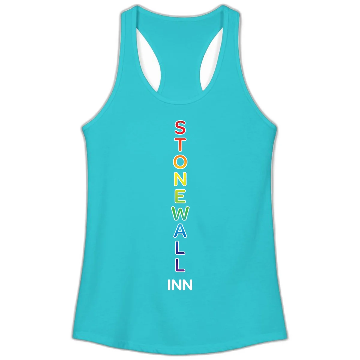 Stonewall Inn pride design with vertical rainbow letters spelling out the iconic venue name in red, orange, yellow, green, teal, blue, and purple. in Solid Tahiti Blue