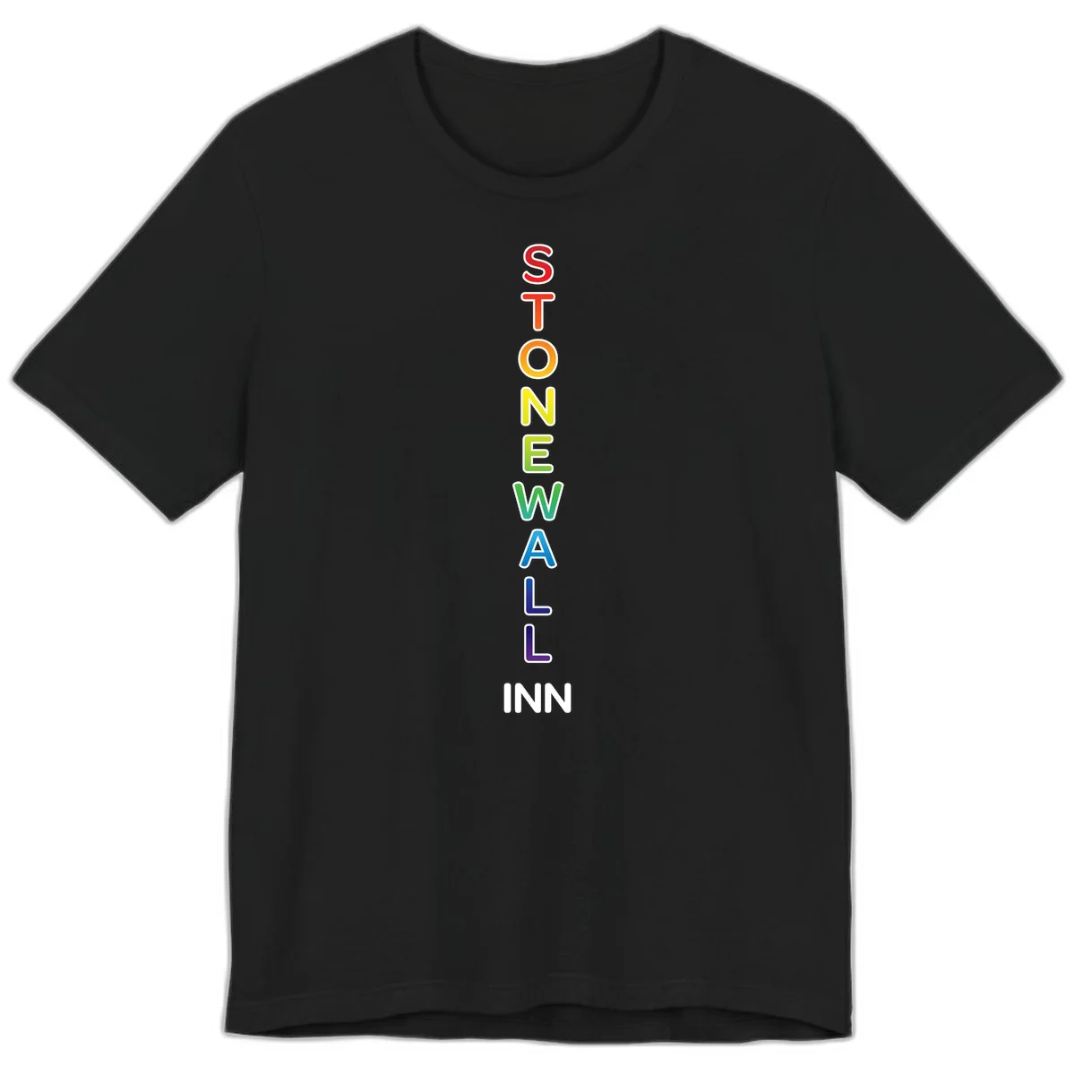 Stonewall Inn pride design with vertical rainbow letters spelling out the iconic venue name in red, orange, yellow, green, teal, blue, and purple. in Black