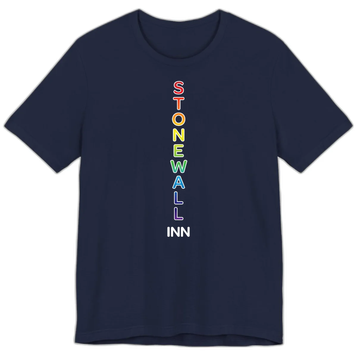 Stonewall Inn pride design with vertical rainbow letters spelling out the iconic venue name in red, orange, yellow, green, teal, blue, and purple. in Navy