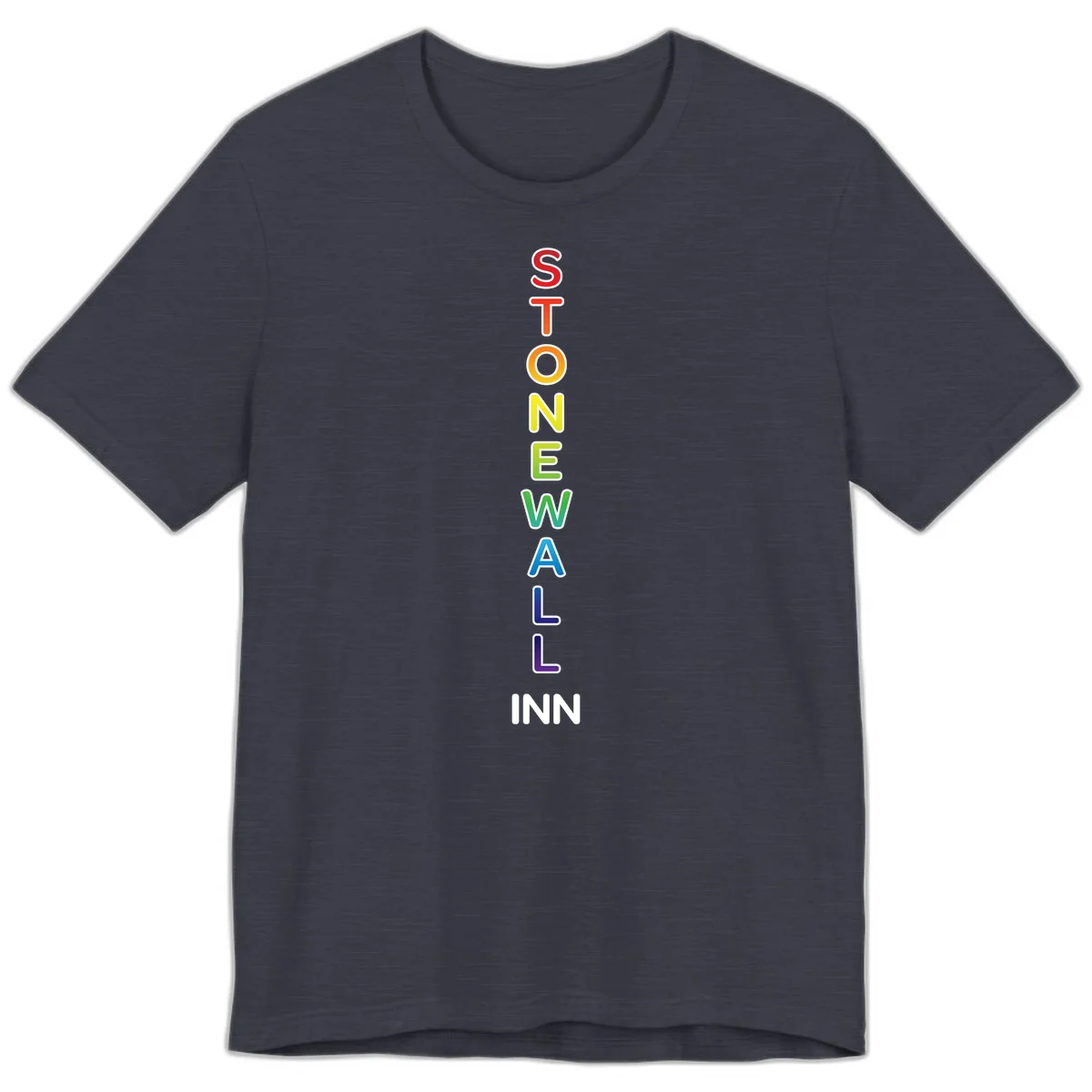Stonewall Inn pride design with vertical rainbow letters spelling out the iconic venue name in red, orange, yellow, green, teal, blue, and purple. in Heather Midnight Navy