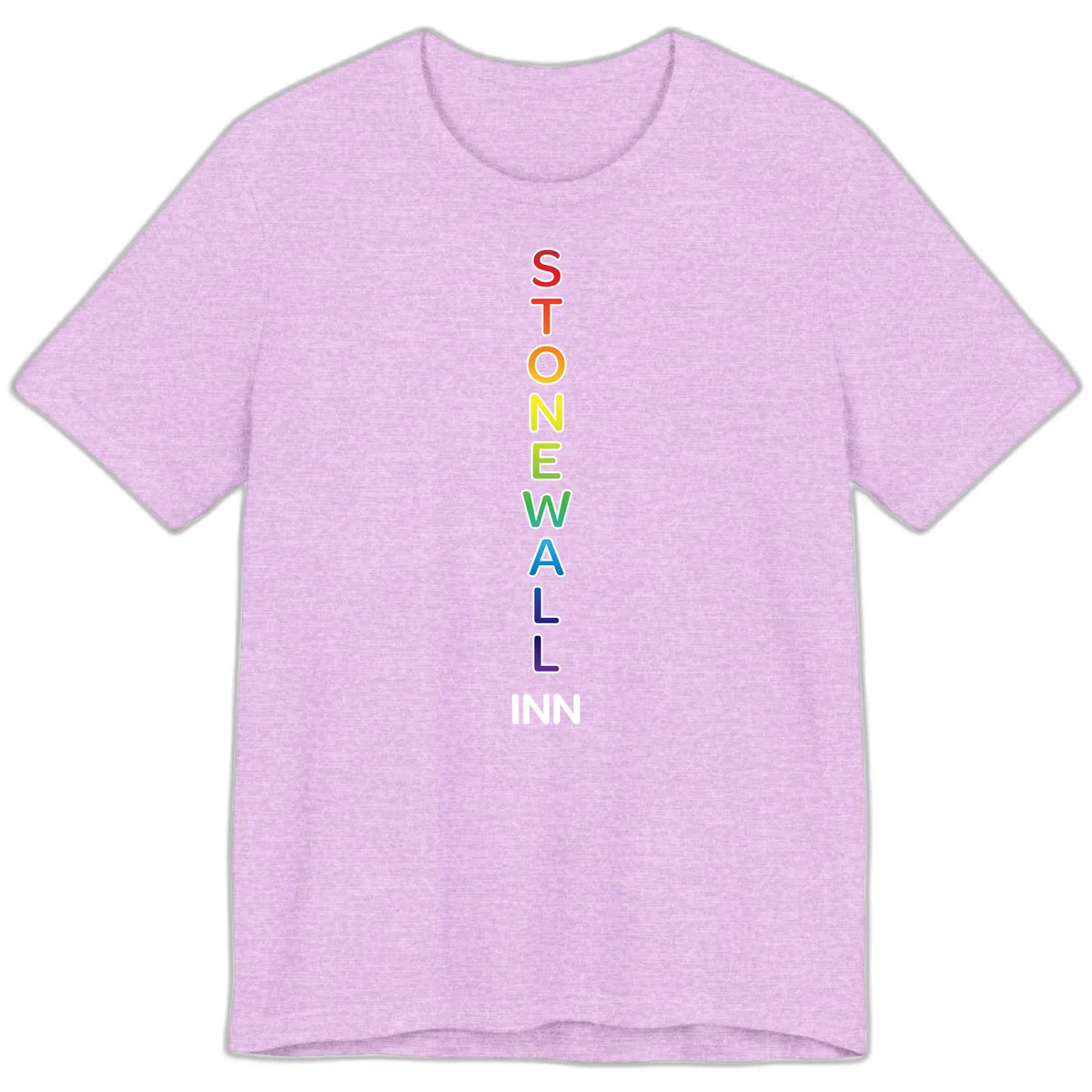 Stonewall Inn pride design with vertical rainbow letters spelling out the iconic venue name in red, orange, yellow, green, teal, blue, and purple. in Heather Prism Lilac