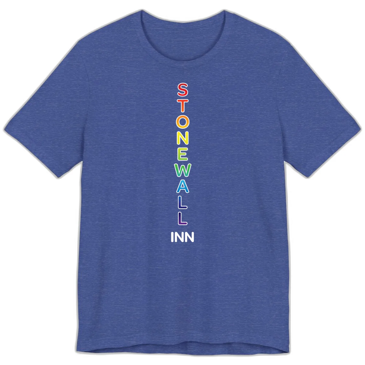 Stonewall Inn pride design with vertical rainbow letters spelling out the iconic venue name in red, orange, yellow, green, teal, blue, and purple. in Heather True Royal