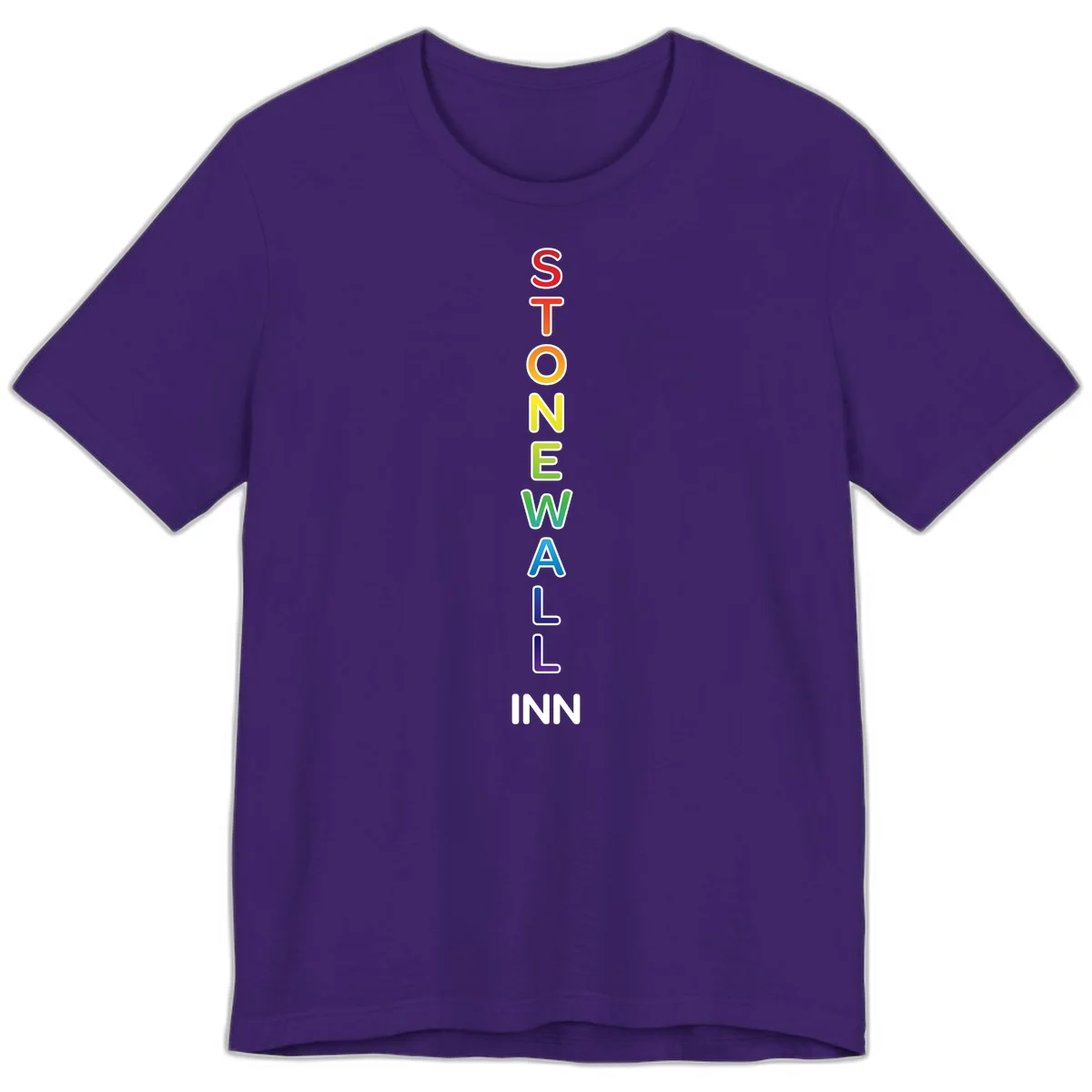 Stonewall Inn pride design with vertical rainbow letters spelling out the iconic venue name in red, orange, yellow, green, teal, blue, and purple. in Team Purple