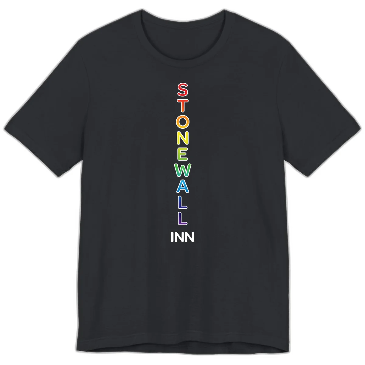 Stonewall Inn pride design with vertical rainbow letters spelling out the iconic venue name in red, orange, yellow, green, teal, blue, and purple. in Vintage Black