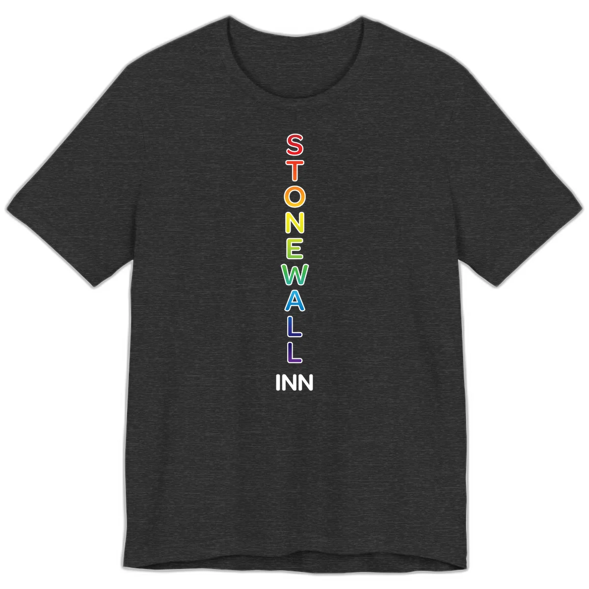 Stonewall Inn pride design with vertical rainbow letters spelling out the iconic venue name in red, orange, yellow, green, teal, blue, and purple. in Dark Grey Heather