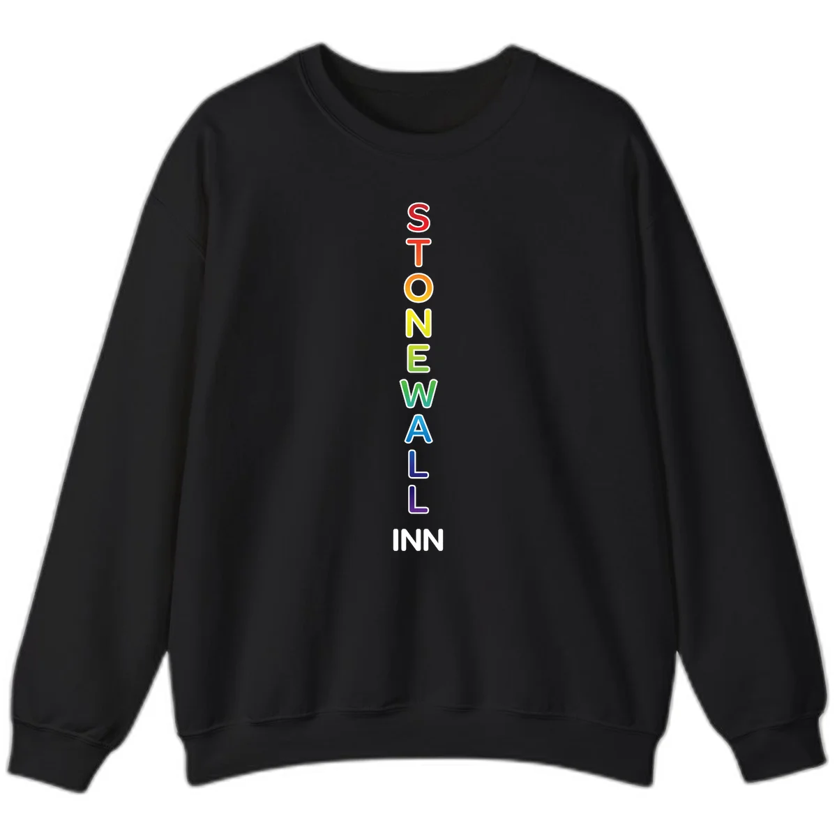 Stonewall Inn pride design with vertical rainbow letters spelling out the iconic venue name in red, orange, yellow, green, teal, blue, and purple. in Black