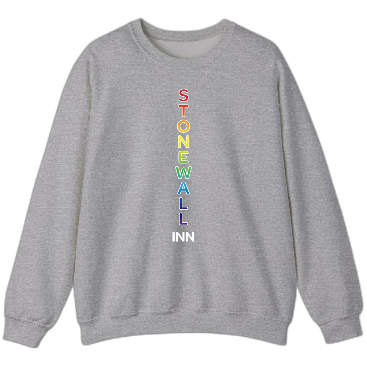 Stonewall Inn pride design with vertical rainbow letters spelling out the iconic venue name in red, orange, yellow, green, teal, blue, and purple. in Sport Grey