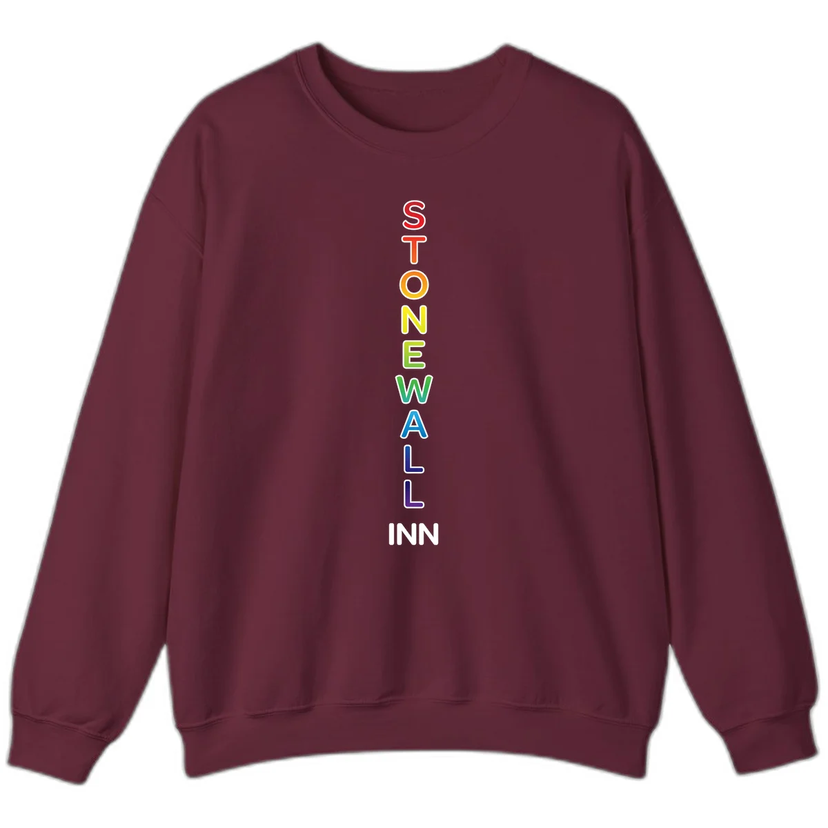 Stonewall Inn pride design with vertical rainbow letters spelling out the iconic venue name in red, orange, yellow, green, teal, blue, and purple. in Maroon