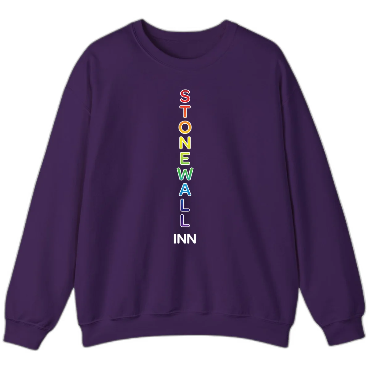 Stonewall Inn pride design with vertical rainbow letters spelling out the iconic venue name in red, orange, yellow, green, teal, blue, and purple. in Purple