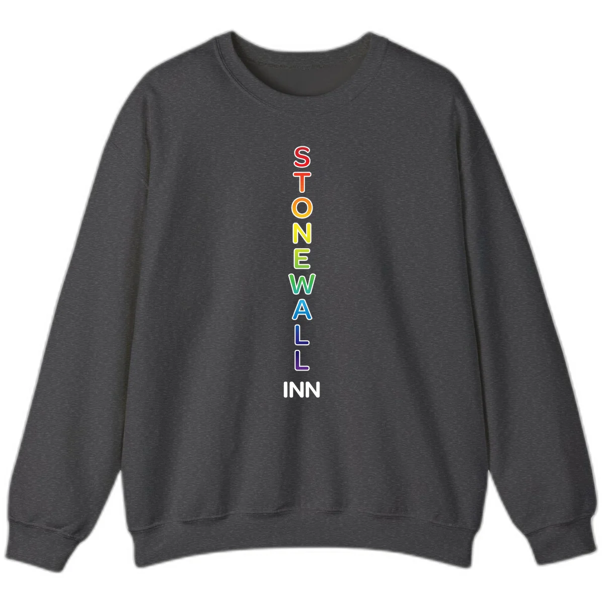 Stonewall Inn pride design with vertical rainbow letters spelling out the iconic venue name in red, orange, yellow, green, teal, blue, and purple. in Dark Heather