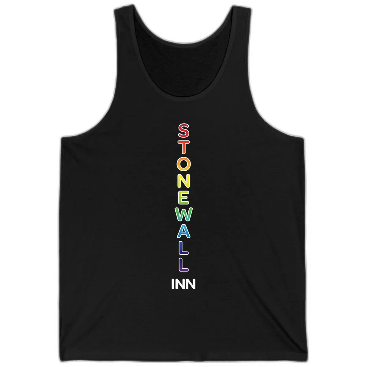 Stonewall Inn pride design with vertical rainbow letters spelling out the iconic venue name in red, orange, yellow, green, teal, blue, and purple. in Black