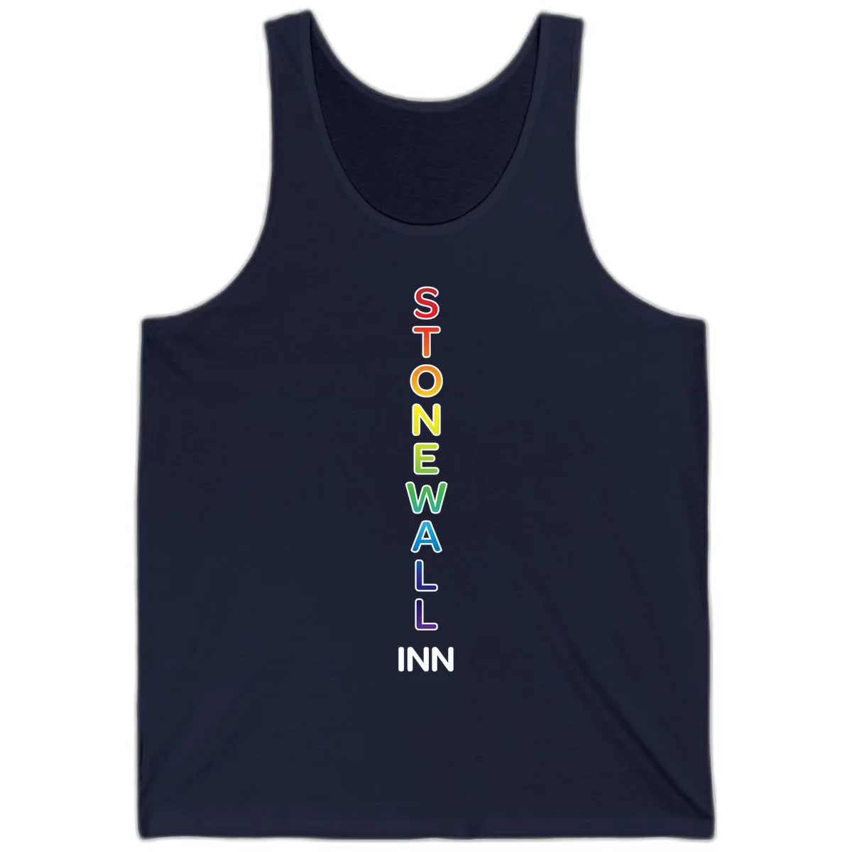 Stonewall Inn pride design with vertical rainbow letters spelling out the iconic venue name in red, orange, yellow, green, teal, blue, and purple. in Navy