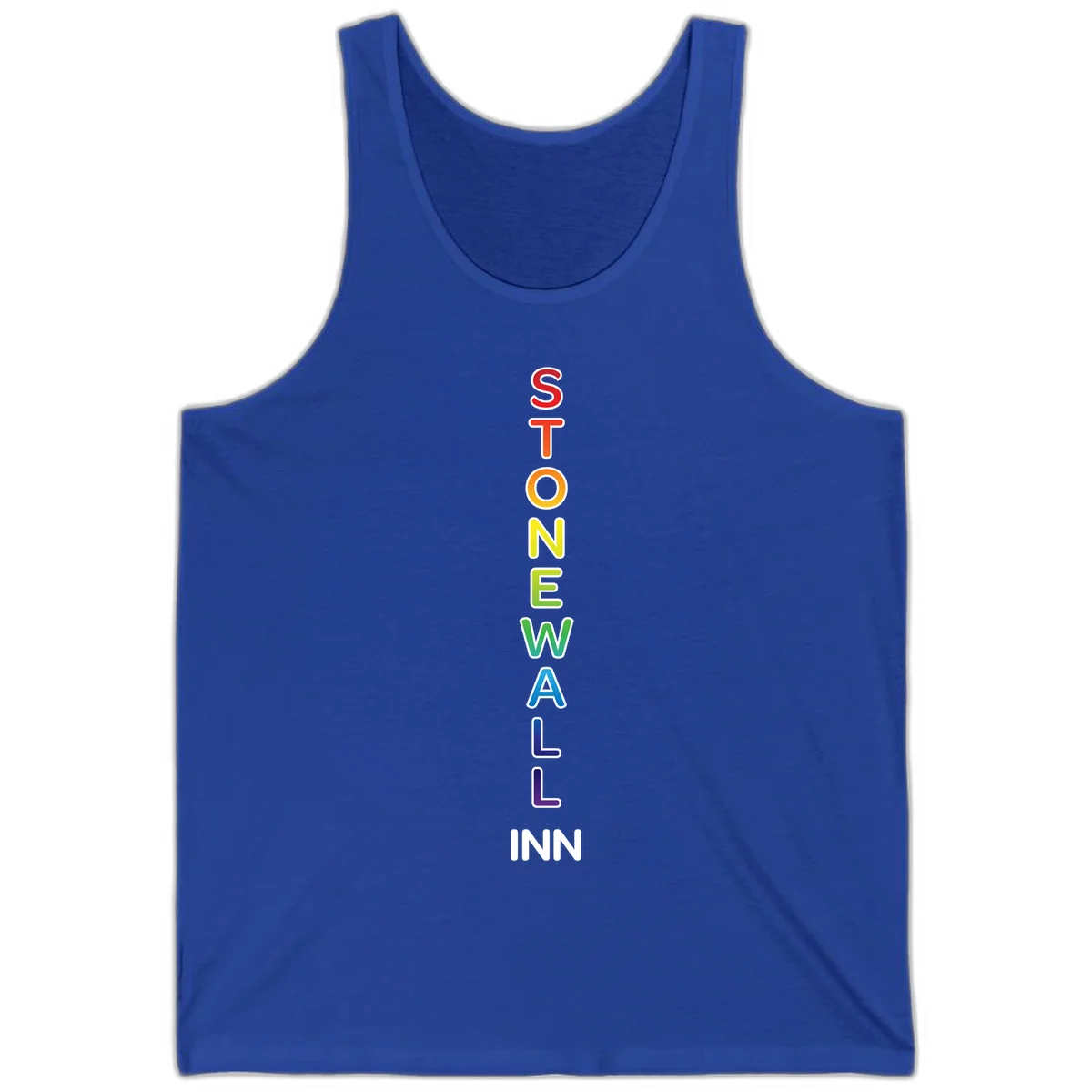 Stonewall Inn pride design with vertical rainbow letters spelling out the iconic venue name in red, orange, yellow, green, teal, blue, and purple. in True Royal