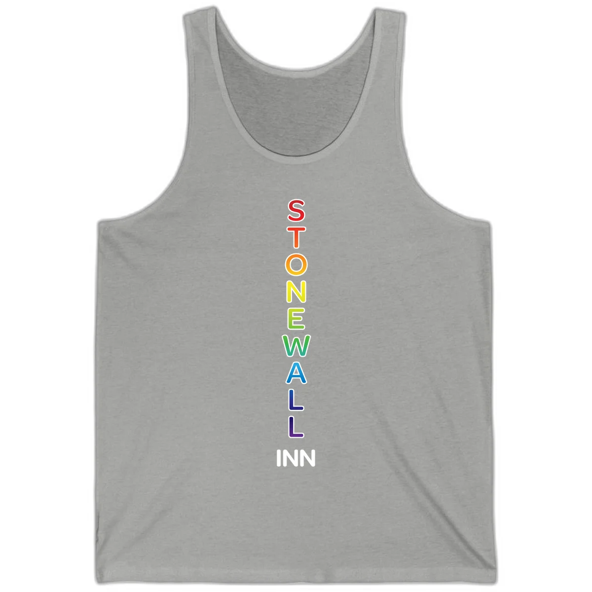 Stonewall Inn pride design with vertical rainbow letters spelling out the iconic venue name in red, orange, yellow, green, teal, blue, and purple. in Athletic Heather