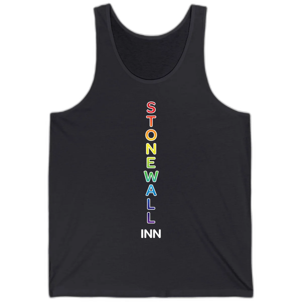 Stonewall Inn pride design with vertical rainbow letters spelling out the iconic venue name in red, orange, yellow, green, teal, blue, and purple. in Dark Grey