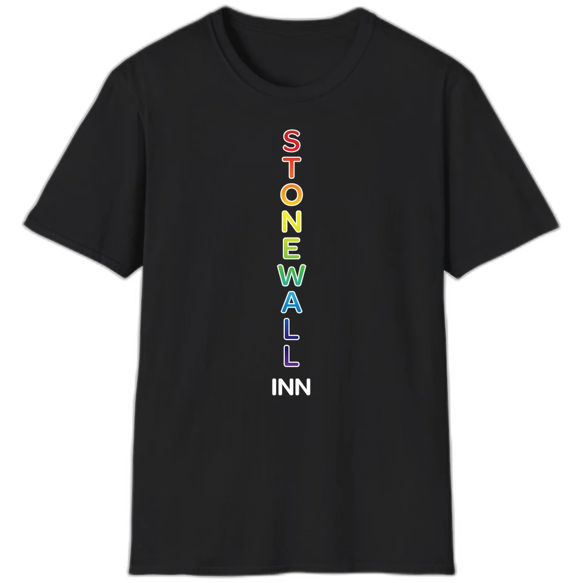 Stonewall Inn pride design with vertical rainbow letters spelling out the iconic venue name in red, orange, yellow, green, teal, blue, and purple. in Black