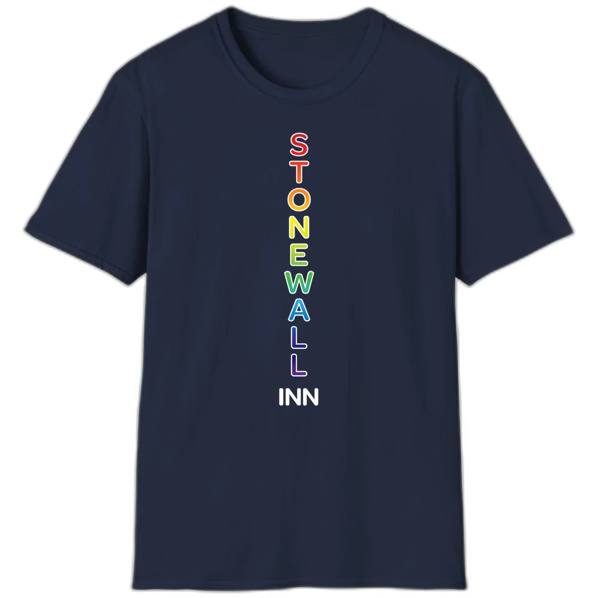 Stonewall Inn pride design with vertical rainbow letters spelling out the iconic venue name in red, orange, yellow, green, teal, blue, and purple. in Navy
