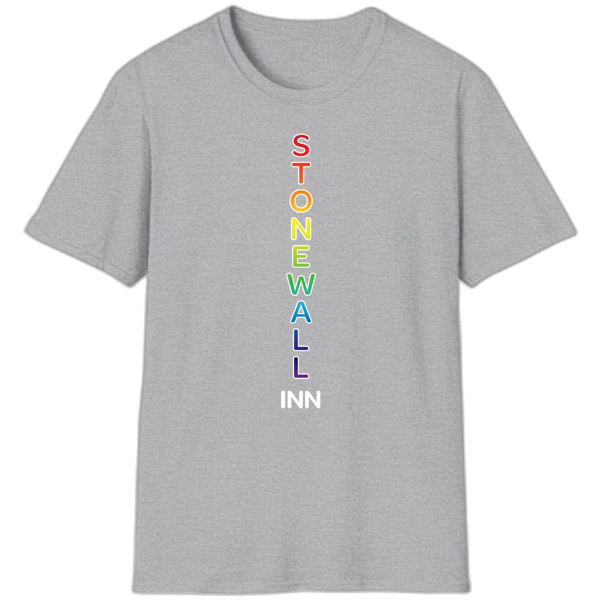 Stonewall Inn pride design with vertical rainbow letters spelling out the iconic venue name in red, orange, yellow, green, teal, blue, and purple. in Sport Grey
