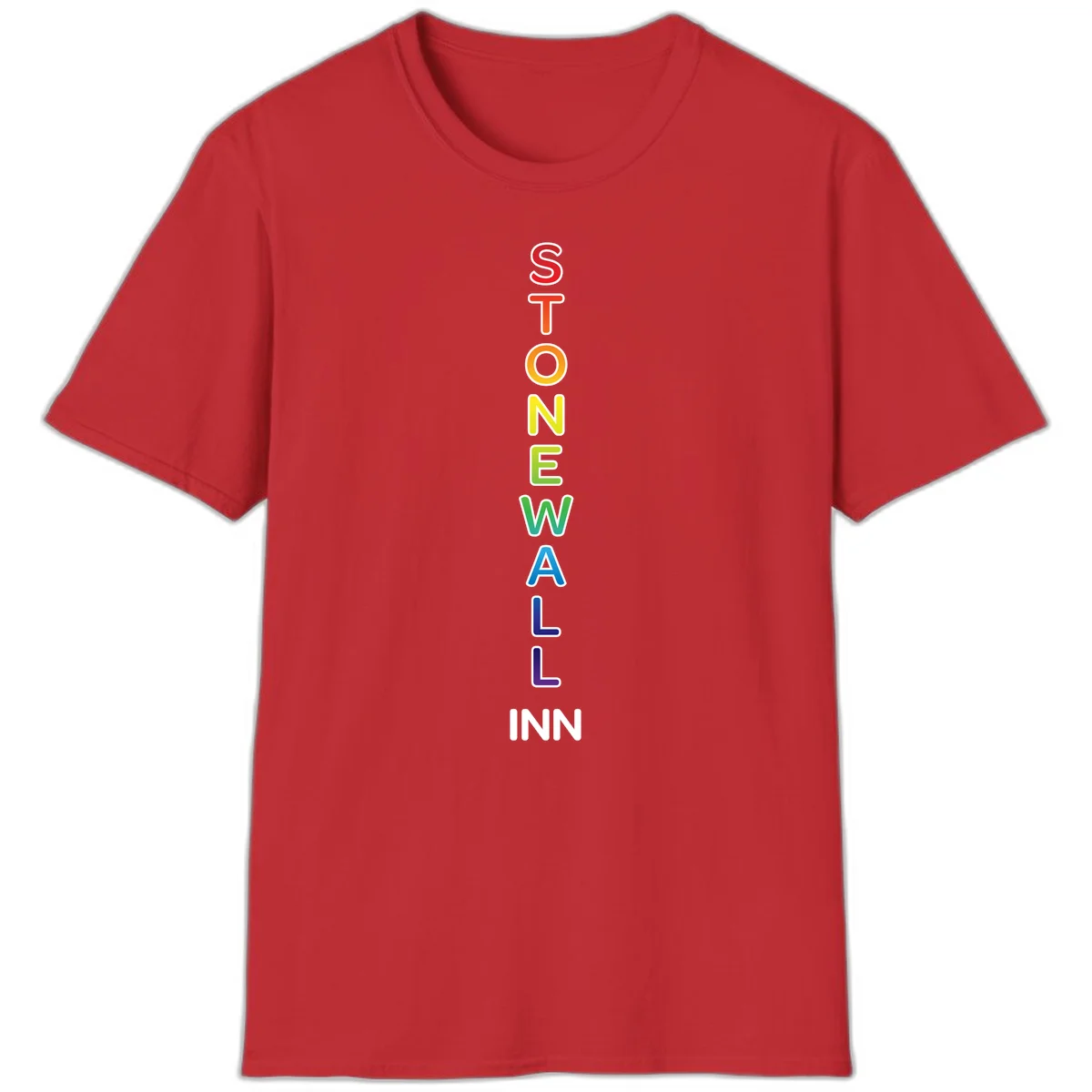 Stonewall Inn pride design with vertical rainbow letters spelling out the iconic venue name in red, orange, yellow, green, teal, blue, and purple. in Red