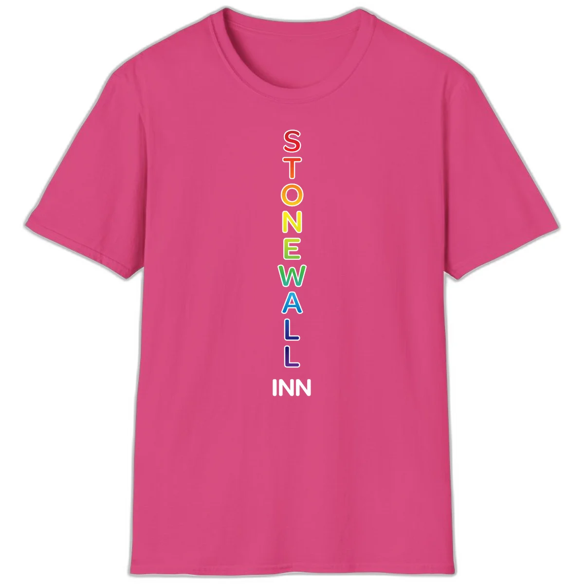 Stonewall Inn pride design with vertical rainbow letters spelling out the iconic venue name in red, orange, yellow, green, teal, blue, and purple. in Heliconia
