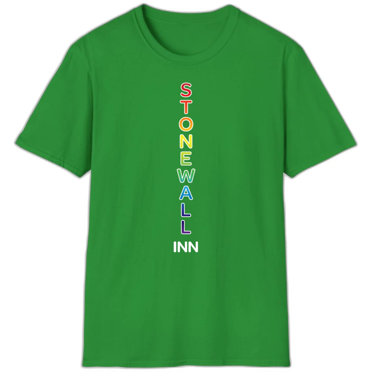 Stonewall Inn pride design with vertical rainbow letters spelling out the iconic venue name in red, orange, yellow, green, teal, blue, and purple. in Irish Green