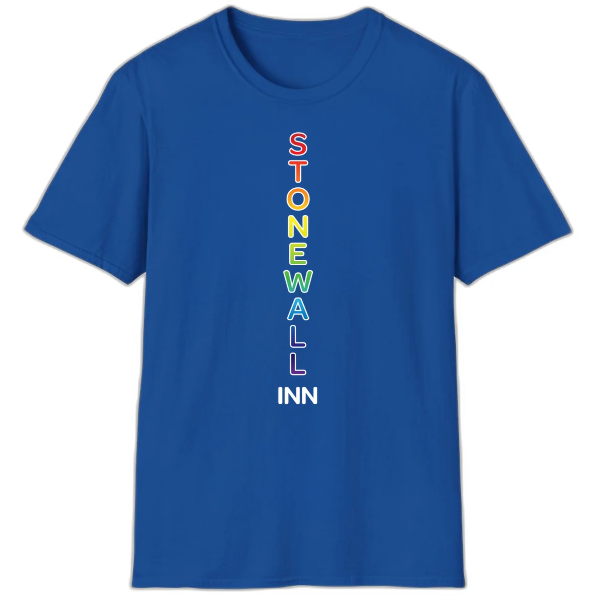 Stonewall Inn pride design with vertical rainbow letters spelling out the iconic venue name in red, orange, yellow, green, teal, blue, and purple. in Royal