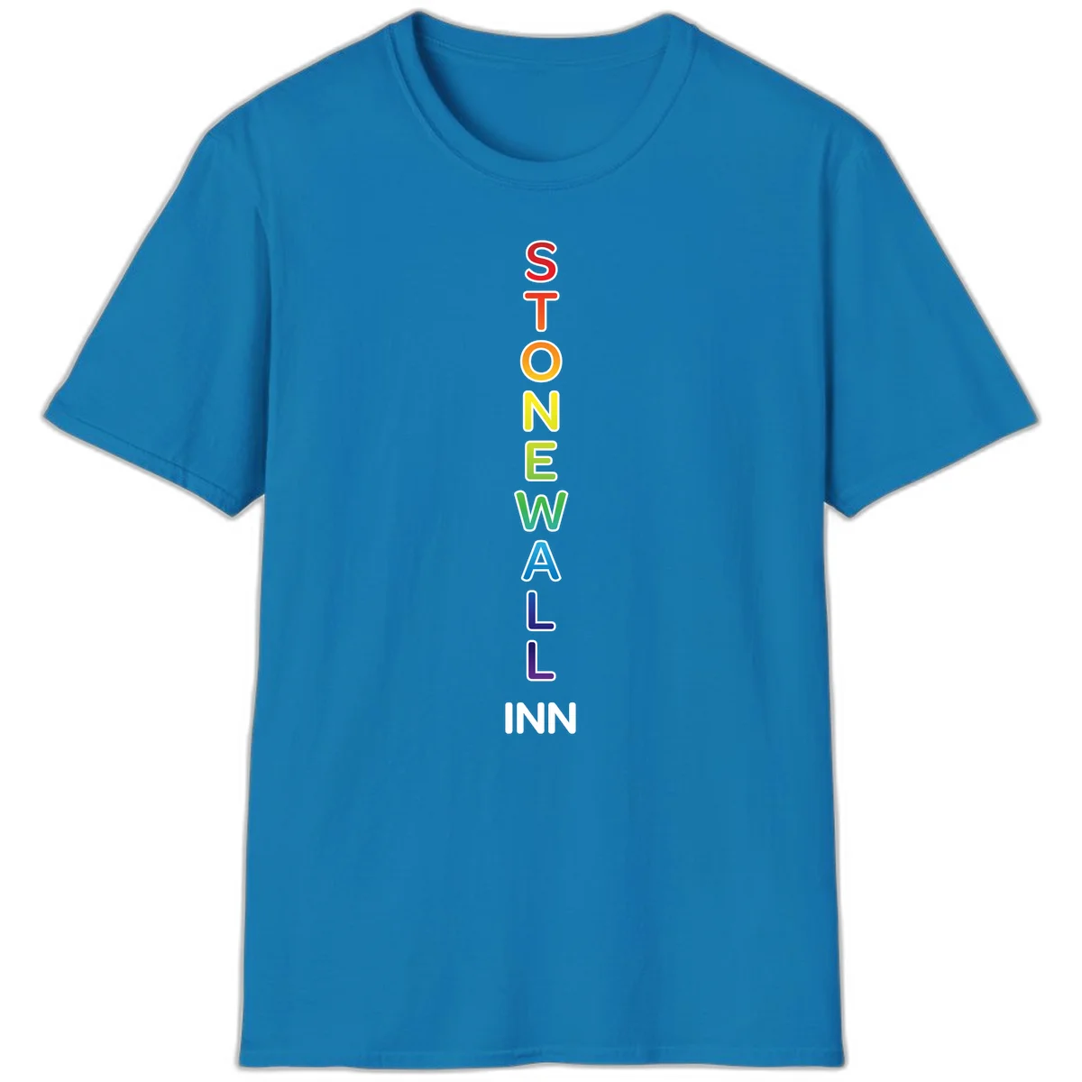 Stonewall Inn pride design with vertical rainbow letters spelling out the iconic venue name in red, orange, yellow, green, teal, blue, and purple. in Sapphire
