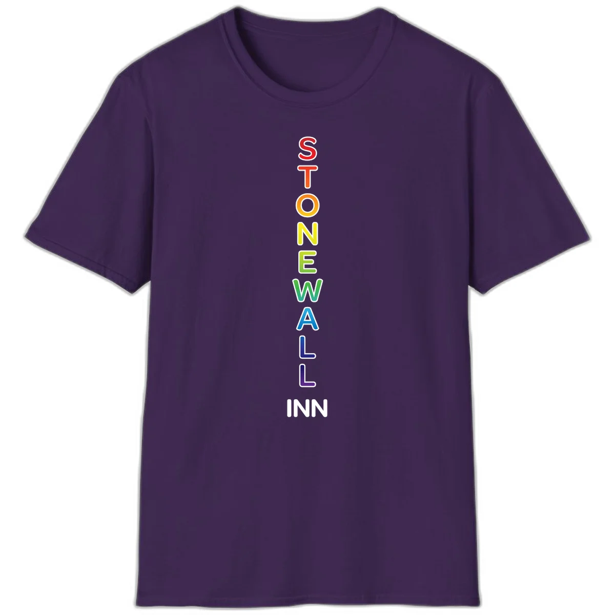 Stonewall Inn pride design with vertical rainbow letters spelling out the iconic venue name in red, orange, yellow, green, teal, blue, and purple. in Purple