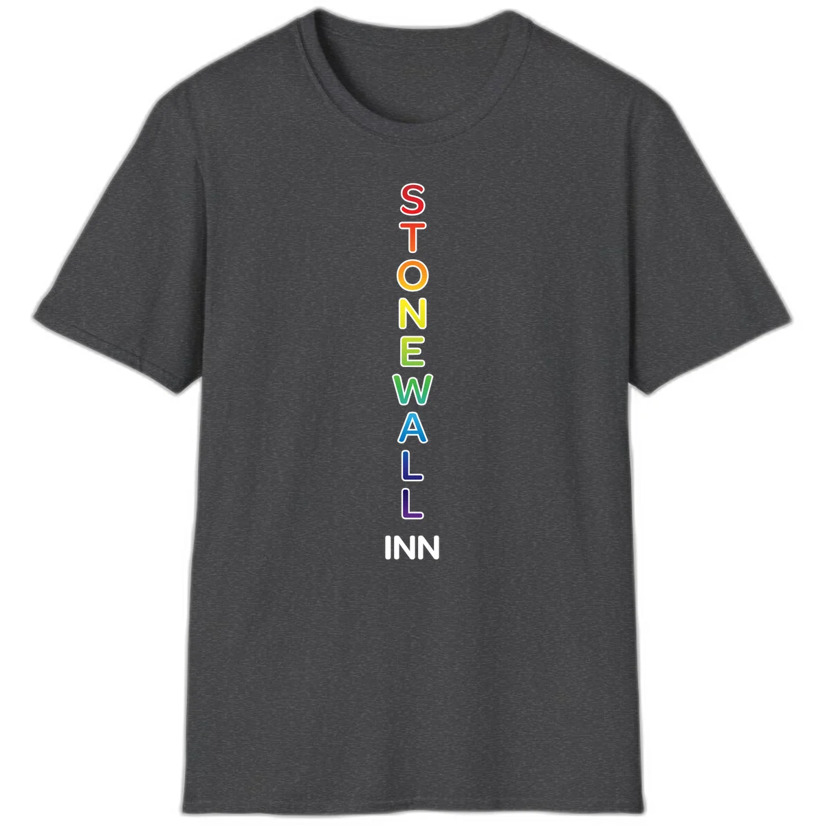 Stonewall Inn pride design with vertical rainbow letters spelling out the iconic venue name in red, orange, yellow, green, teal, blue, and purple. in Dark Heather