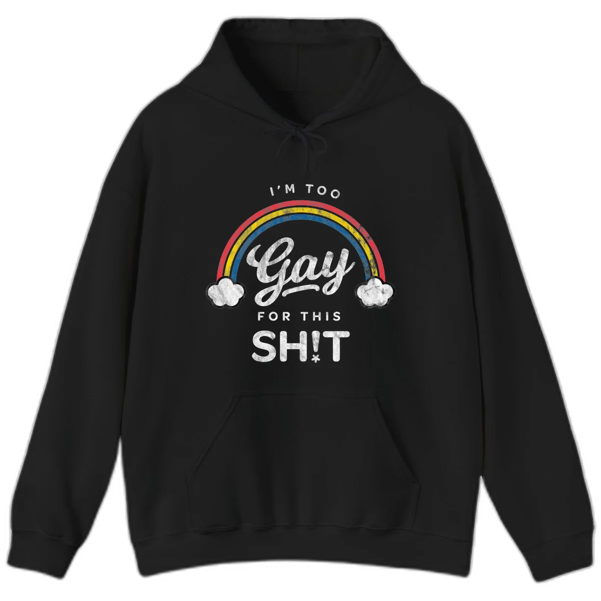 Retro rainbow with clouds and text reading 'I'm Too Gay For This' - vintage-style pride design in Black