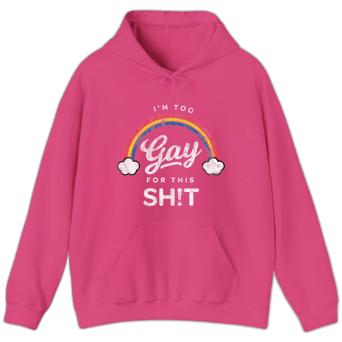 Retro rainbow with clouds and text reading 'I'm Too Gay For This' - vintage-style pride design in Heliconia