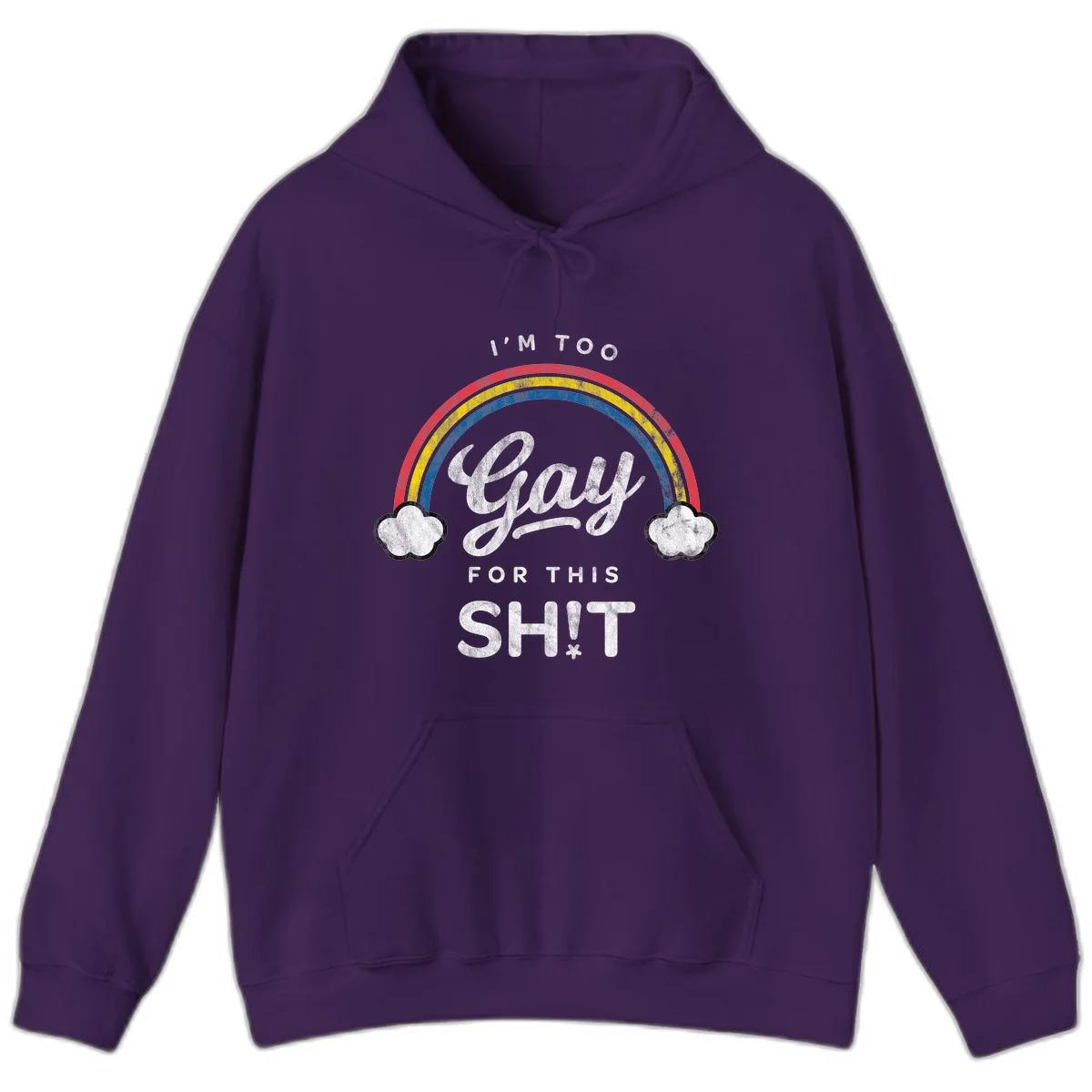 Retro rainbow with clouds and text reading 'I'm Too Gay For This' - vintage-style pride design in Purple