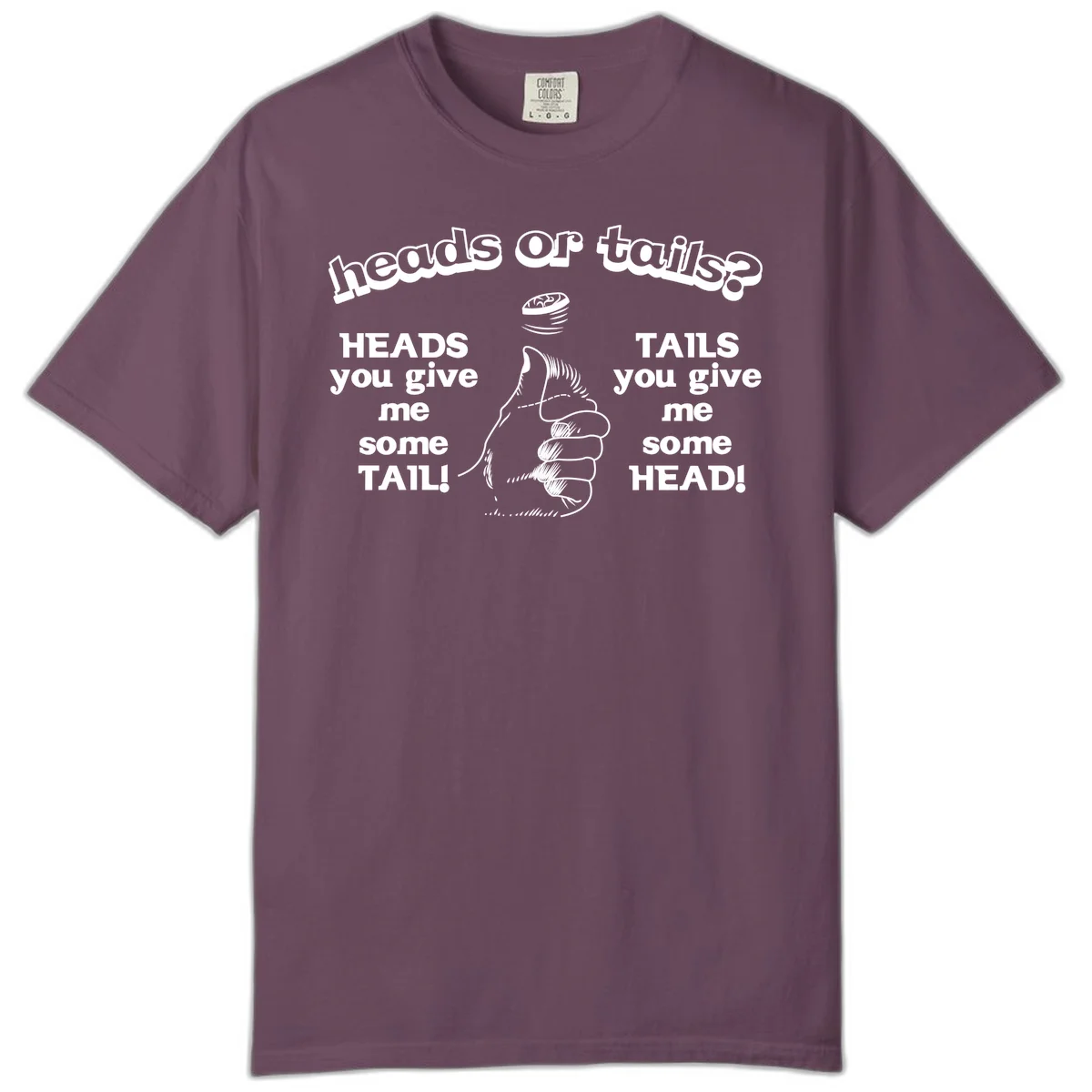 Heads or tails coin flip design with thumbs up hand and spinning coin with cheeky text humor in Berry