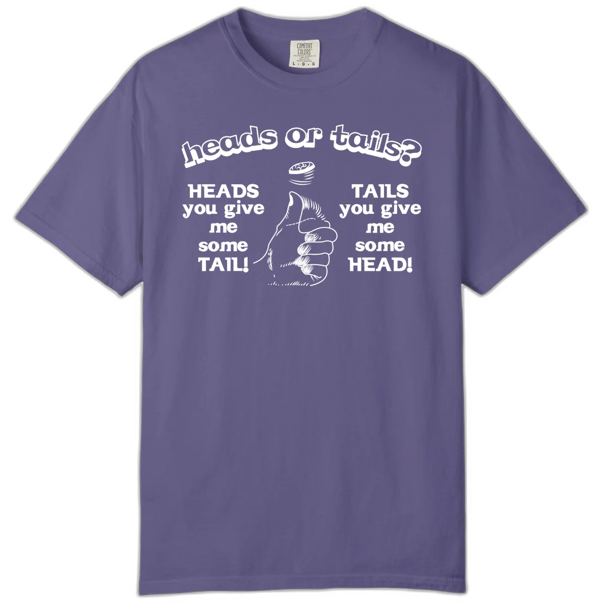 Heads or tails coin flip design with thumbs up hand and spinning coin with cheeky text humor in Grape